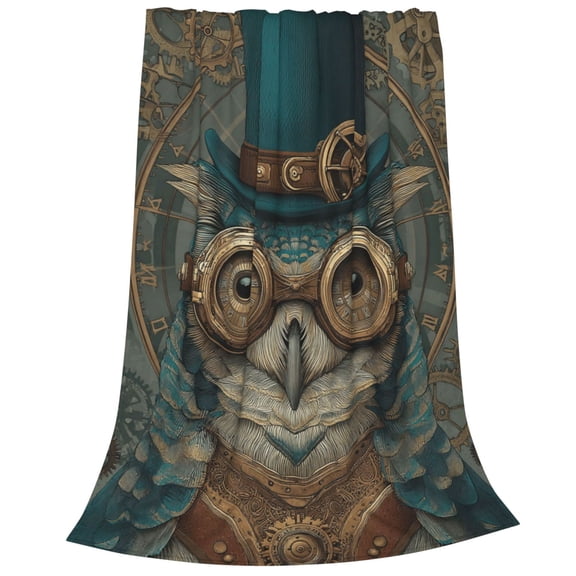 Owl Blanket Steampunk Mechanical Gear Goggles, Soft Cozy Flannel Throw For Couch And Sofa, Industrial Art Decor 50x40