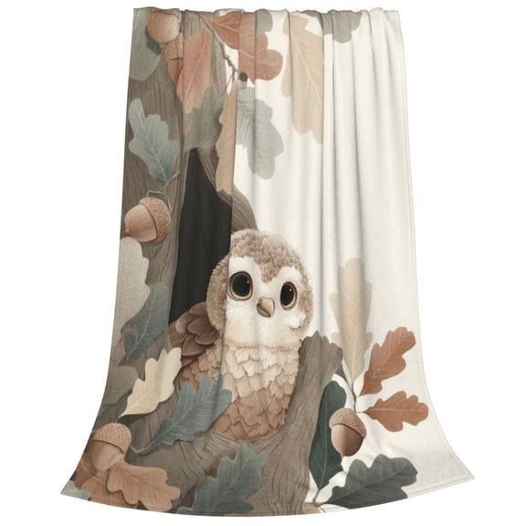 Owl Blanket Watercolor Forest Owl Acorns, Lightweight Plush Flannel Throw, Artistic Nature Theme Home Accent 50x40