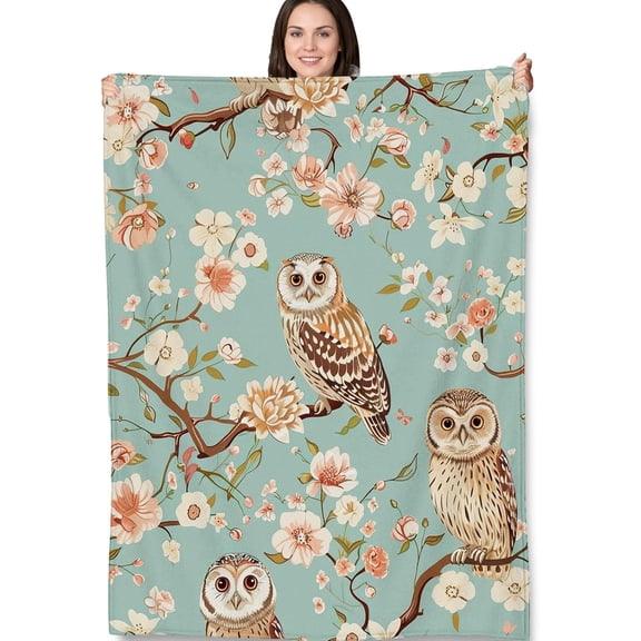 Owl and Blossoms Blanket Gifts, Floral and Owl Print Fleece Throw, Soft and Lightweight Blanket for Cozy Home Decor, Ideal for Bedroom or Living Room, 60x80 in