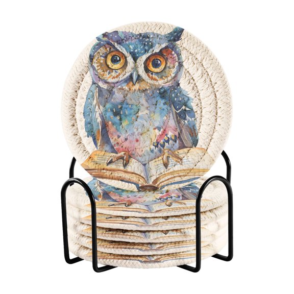 Owl Book 6 Pcs Drink Coasters with Holder Absorbent Coasters Woven Coasters for Drinks Table Desk Protection Home Decor