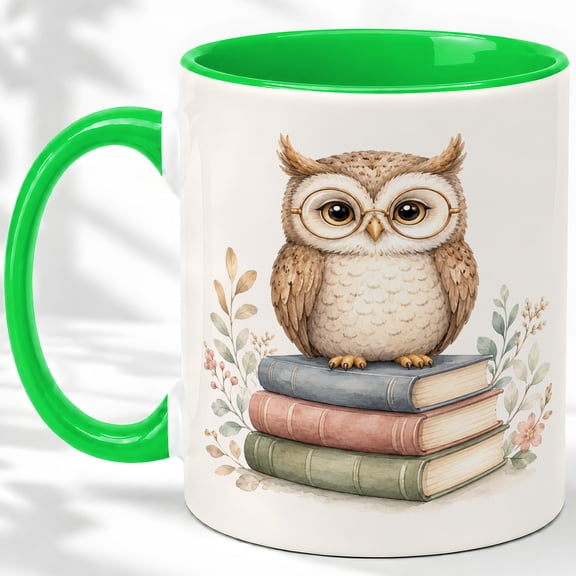 Owl Book Stack Accent Mug, 11oz Ceramic Coffee Cup for Book Lovers