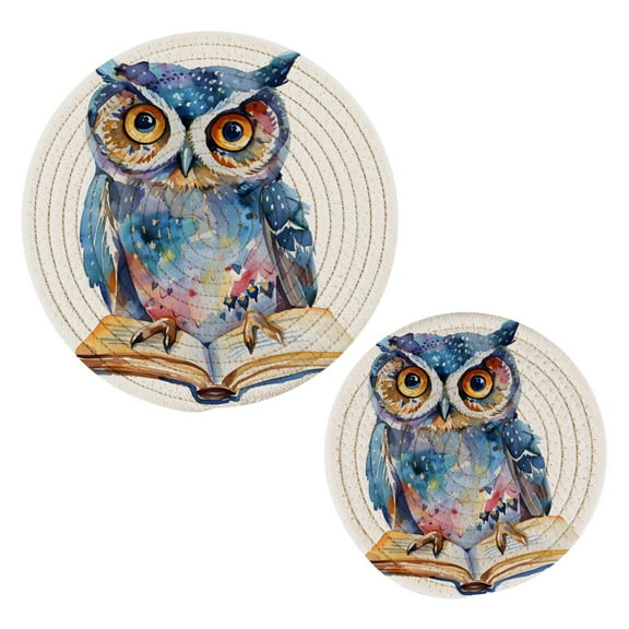 Owl Book Trivet Mats Pot Holders Cotton Woven Non-Slip Heat Resistant for Hot Pots Pans Pats for Cooking Baking Set of 2