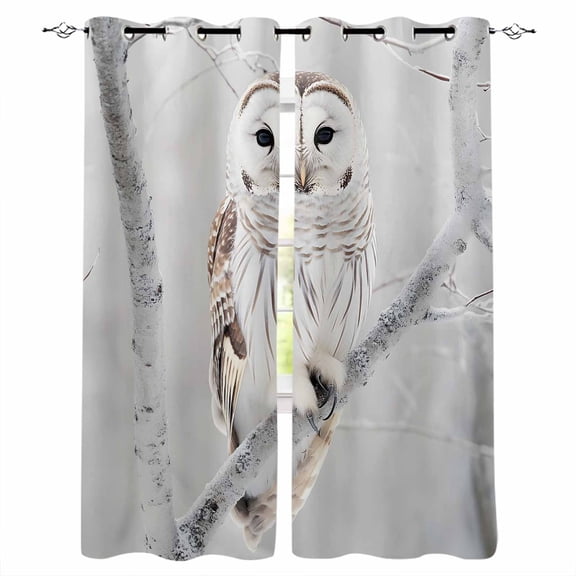 Owl On Branch Blackout Curtains 45 Inches Long for Bedroom, Framhouse Winter Landscape Tree Birds Thermal Insulated Room Darkening Black Out Window Curtain Panels Grommet Drapes for Living Room