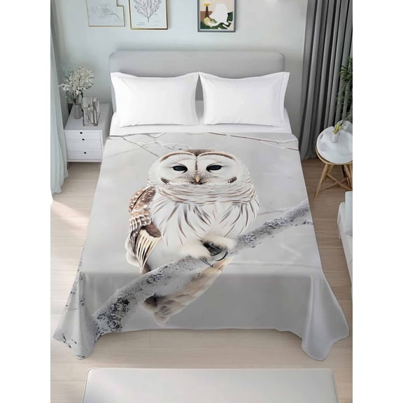 Owl On Branch California King Size Flat Sheet, Wrinkleproof & Fadeproof Cooling Flat Bed Sheet Only, Framhouse Winter Landscape Tree Birds Breathable Soft Bedding Top Sheets 108 x 98 Inches