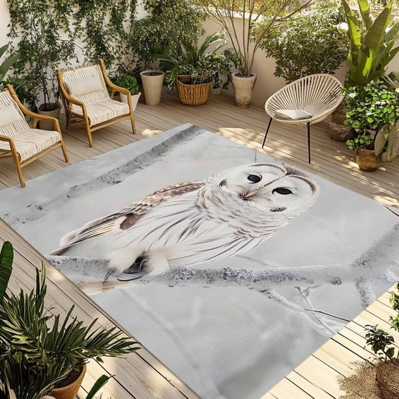 Owl On Branch Outdoor Rug 5x7 Ft - Reversible Patio Rug Outdoor Camping Rugs, Framhouse Winter Landscape Tree Birds Washable Indoor Outdoor Area Rugs, Non-Slip Outdoor Carpet Runner for Deck/Porch