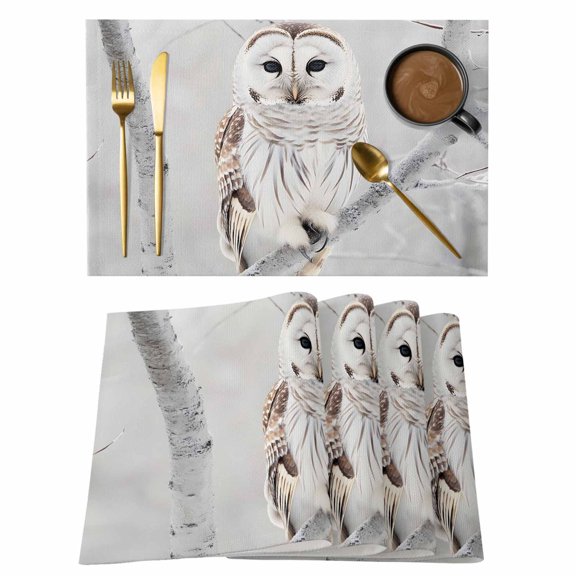 Owl On Branch Placemats Set of 2, Cotton Linen Fabric Place Mats, Framhouse Winter Landscape Tree Birds Washable Decorative Table Mats Protector for Home Kitchen Dining Wedding Party Coffee Tables