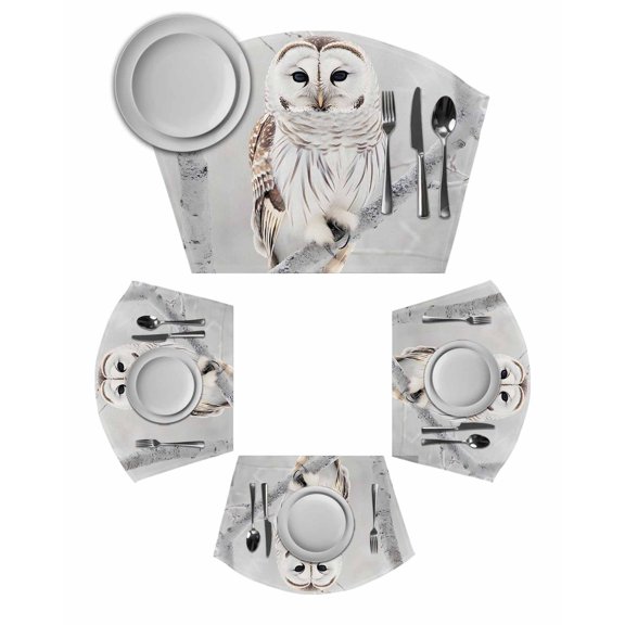Owl On Branch Round Table Placemats Set of 6 Wedge Placemats, Framhouse Winter Landscape Tree Birds Place Mats for Dining Table Set Washable Mats Kitchen Decor for Indoor Outdoor Wipe Clean