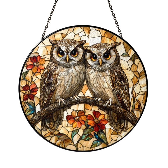 Owl Branch Scene Stained Glass Suncatcher – Window Hanging Decor