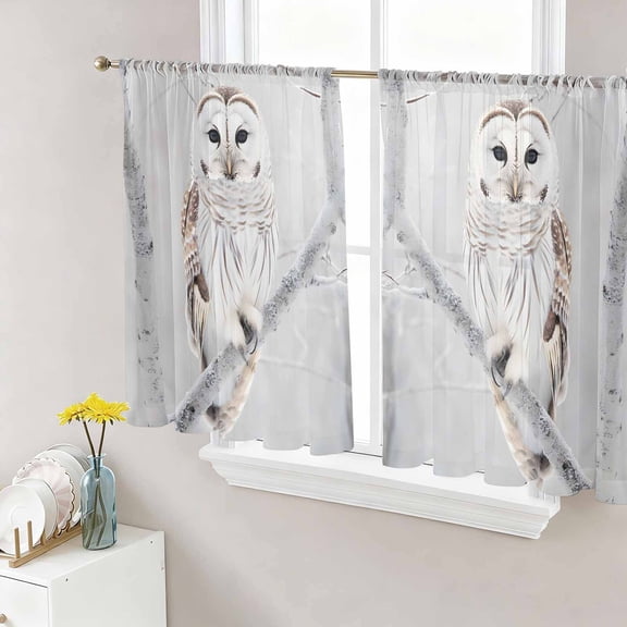 Owl On Branch Semi Sheer Curtains 54 Inch Length 2 Panels Set, Framhouse Winter Landscape Tree Birds Sheer Kitchen Curtain Privacy Voile Window Curtain for Living Room Bedroom Rod Pocket Drapes