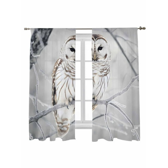 The Owl On Branch Sheer Curtains 2 Panels Set Winter Landscape Animal Bird Lihgt Filtering Rod Pocket Voile Drape, Semi Sheer Window Curtains for Bedroom Living Room, 52"x72"