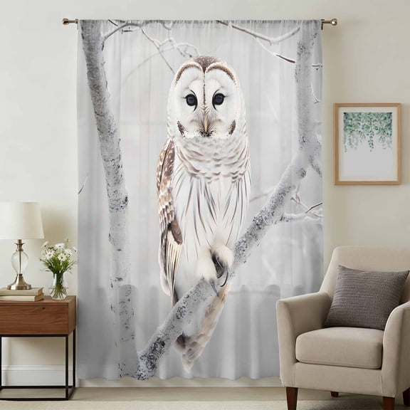 Owl On Branch Sheer Curtains 45 Inches Long, Framhouse Winter Landscape Tree Birds Light Filering Curtains, Breathable Simi Curtain Privacy Drapes for Kitchen Bathroom Small Window Treatment