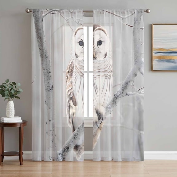 Owl On Branch Sheer Curtains 84 Inch Length 2 Panels Set, Framhouse Winter Landscape Tree Birds Voile Window Treatment Rod Pocket Curtains Sheers Drapes for Bedroom/Living Room/Kitchen 52"x84"x2