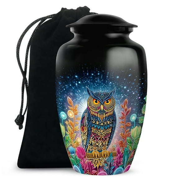 Owl Burial Urns For Adult Ashes Female And Male - Flowers Funeral Urns For Adult Ashes Father - Black Cremation Urn For Mother - 10 Inch Large Decorative Urn For Woman