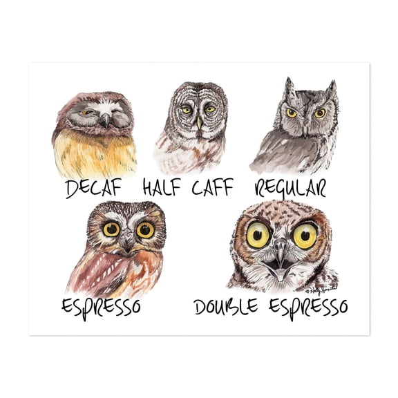 Owl Caffeine Meter - Painting Humor Coffee Quote Bird Nature Unframed Wall Art Print 6 x 8 inches