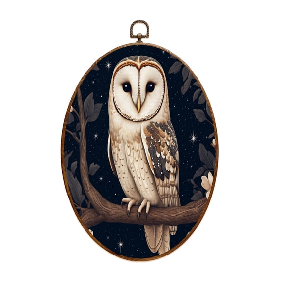 Owl Canvas Wall Art Forest Owl Starry Night Whimsical Cottagecore Animal Circular Dark Barn Flowers Oval Framed Canvas Prints Vintage Wall Hanging Decor for Home Decorations 8.6"x11.4"