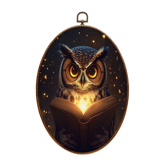Owl Canvas Wall Art Owl Funny Reading Animal Library Reading Room Bedroom Living Room Oval Framed Canvas Prints Vintage Wall Hanging Decor for Home Decorations 8.6"x11.4"