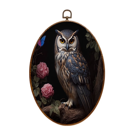 Owl Canvas Wall Art Vintage Academia Black Dark Moody Gothic Floral Animal Bird Owl Oval Framed Canvas Prints Vintage Wall Hanging Decor for Home Decorations 8.6"x11.4"