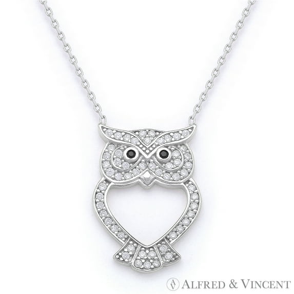 Owl Charm CZ Crystal Pendant & Chain Necklace in .925 Sterling Silver
