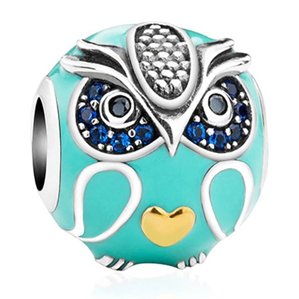 Owl Charm European Bead Blue CZ Sterling Silver Green Enamel Ginger Lyne Collection