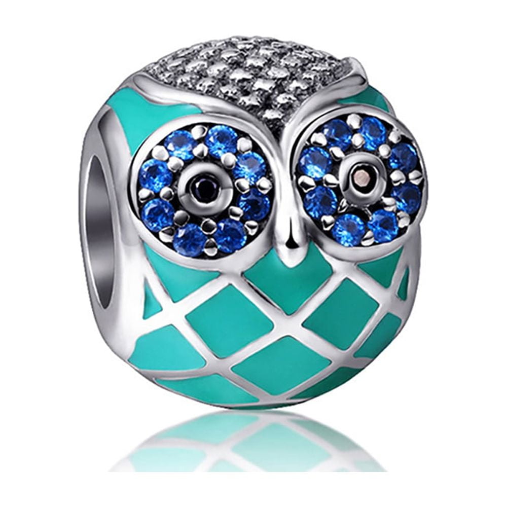 Owl Charm European Bead Blue CZ Sterling Silver Green Enamel Ginger Lyne Collection