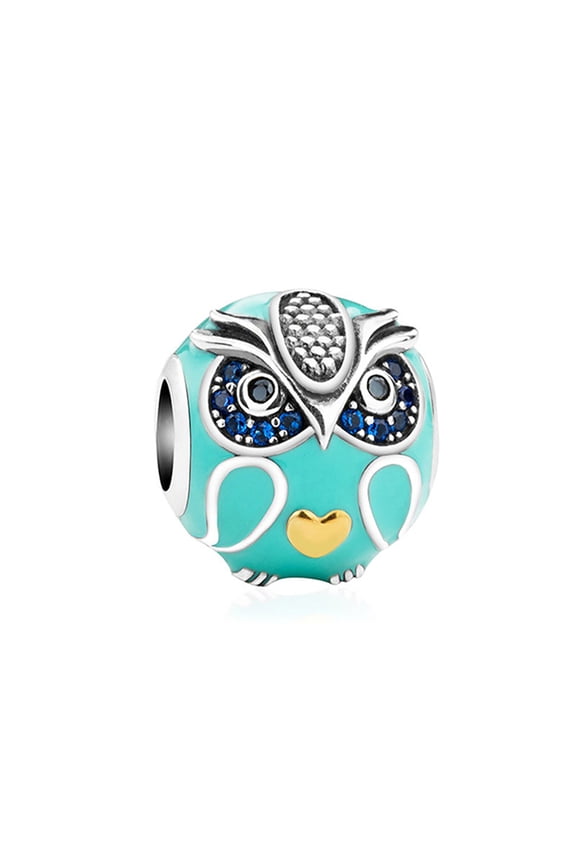 Owl Charm European Bead Blue CZ Sterling Silver Green Enamel Ginger Lyne Collection