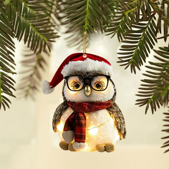 Owl Christmas Decorations - Festive Owl with Glasses Hanging Ornaments for Xmas Tree, Home Party Decor, Indoor Outdoor Holiday and New Year Decorations