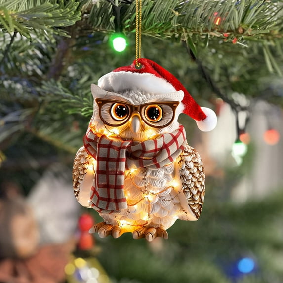 Owl Christmas Decorations - Festive Owl with Glasses Hanging Ornaments for Xmas Tree, Home Party Decor, Indoor Outdoor Holiday and New Year Decorations