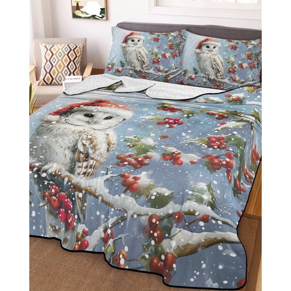 Owl Christmas King Size Down Alternative Comforter, Lightweight Comforter Quilt Bedding Set with Pillow Shams Xmas Berry Botanical Snowflake All Seasons Bed Comforter Duvet Insert 96"x106"