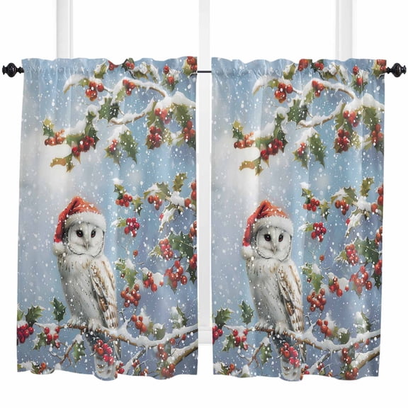 Owl Christmas Kitchen Curtain 2 Panels Tiers Curtains 45 Inch Length, Xmas Berry Botanical Snowflake Curtains Rod Pocket Curtains Window Drapes Treatment Window Cafe Curtains