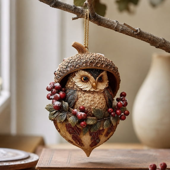 Owl Christmas Ornament, Acrylic Owl in Acorn Hanging Decor with Berries and Snow, Cute Woodland Animal Charm for Christmas Tree and Bag