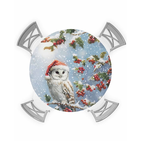 Owl Christmas Table Cloth, Round Fitted Tablecloths with Elastic Edge, Xmas Berry Botanical Snowflake Wipeable Waterproof Table Cover for Kitchen Wedding 45-54 Inches