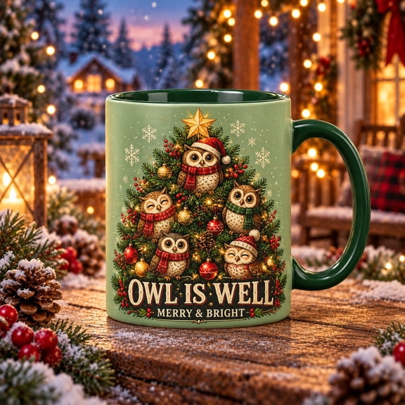 Owl Christmas Tree Mug, Festive Green Coffee Cup for Holiday Drinks and Winter Gift Giving