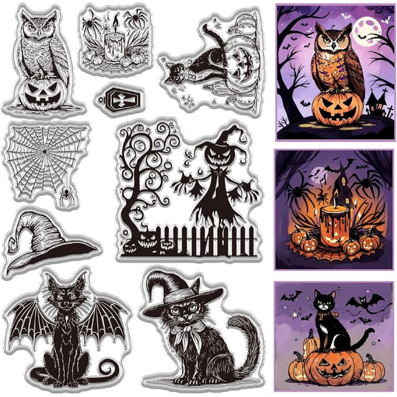 Owl Clear Stamp for Card Making Pumpkin Monster Hat Cat Terror Rubber Silicone Reusable Transparent Seal for Envelope Journaling DIY Scrapbooking Embossing Album Photo Craft Decor Plastic