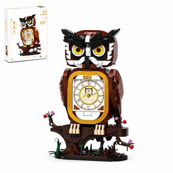 Brivello Owl Building Blocks Set, 964 Pcs Brown Animal Brick with Mechanical Dial Design & Display Base, Collectible Desk Decor for Adults