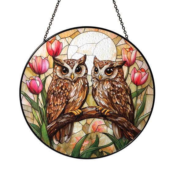 Owl Couple Floral Tree Stained Glass Suncatcher, Woodland Window Decor Gift