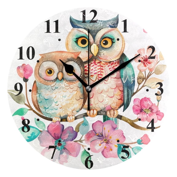 Owl Couple Flowers Black 10 inch Wall Clocks Non Ticking Easy to Read Battery Decorative for Home Bathroom Kitchen Bedroom Living Room