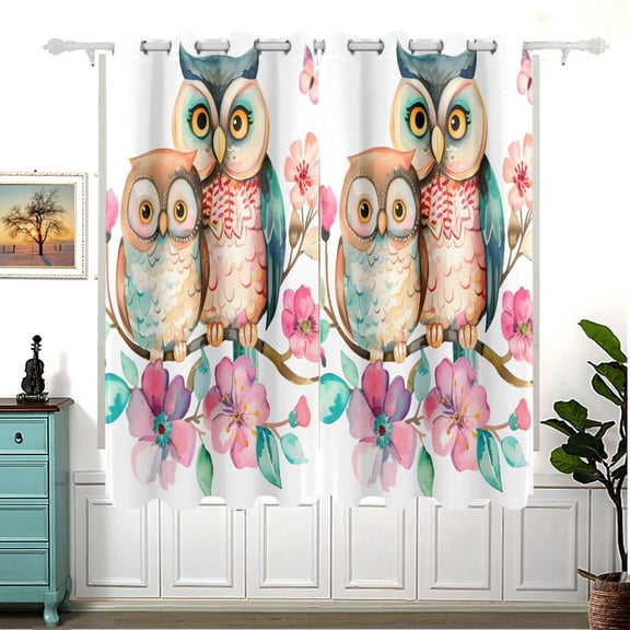 Owl Couple Flowers Blackout Curtain Panels 63x55in Drapes Privacy Assured for Living room Bedroom Bathroom 2 panels set