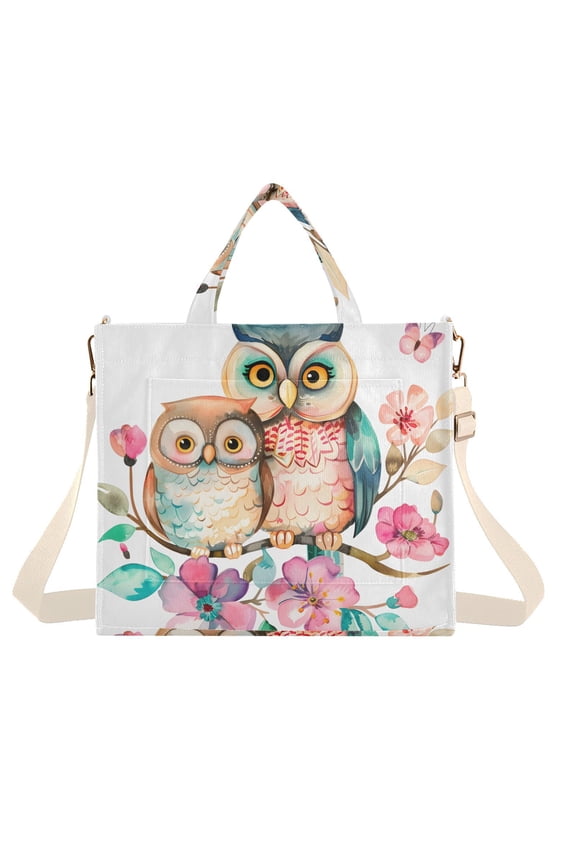 Owl Couple Flowers Corduroy Tote Bag Handbag Large Messenger Bag Shoulder Crossbody Zipper Bag Purse