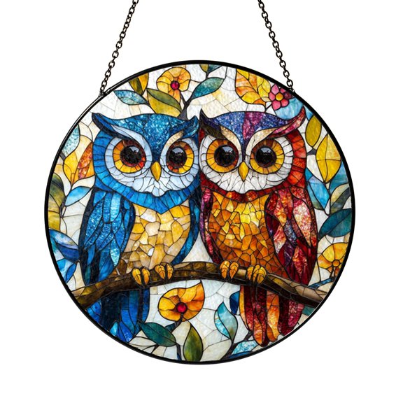 Owl Couple Glass Suncatcher Window Hanging, Stained Glass Style Garden Wisteria Art, Nature Home Decor