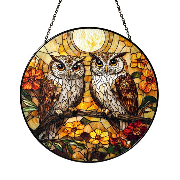 Owl Couple Stained Glass Suncatcher Window Decor, Round Bird Hanging Art for Interior Spaces