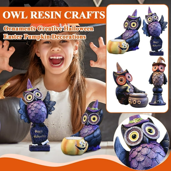 Owl Crafts Ornament, Unique Design Creative Home Decor For Halloween & Easter, Ghost Pumpkin & Tombstone Themed Figurine With Witch Hat, Bone Accent, Sculpture