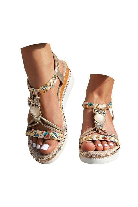 Owl Platform Dressy Sandals for Women 2025 Boho Rhinestones Open Toe Wedge Mid Heel Dress Sandals
