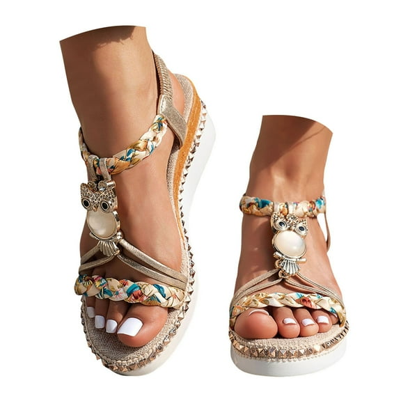 Owl Platform Dressy Sandals for Women 2025 Boho Rhinestones Open Toe Wedge Mid Heel Dress Sandals