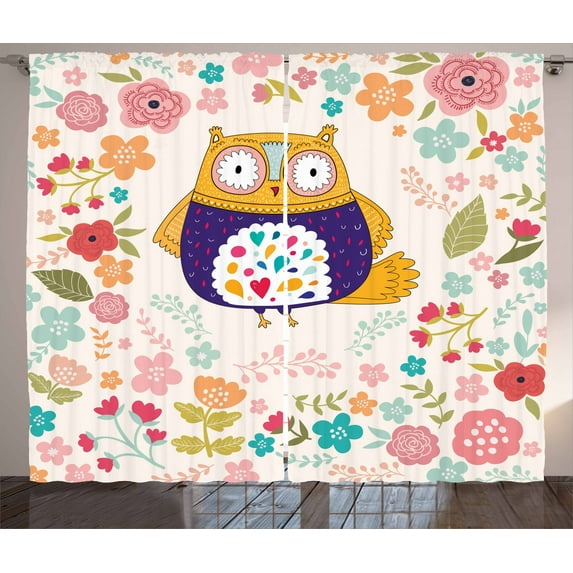 Ambesonne Owl Curtains 2 Panel Set, Colorful Bird and Flowers, 108" x 90", Multicolor