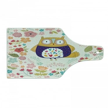 Owl Cutting Board, Colorful Bird and Blooming Flowers Ornamental Doodles with Vintage Design Inspirations, Tempered Glass Cutting and Serving Board, Wine Bottle Shape, Multicolor, by Ambesonne