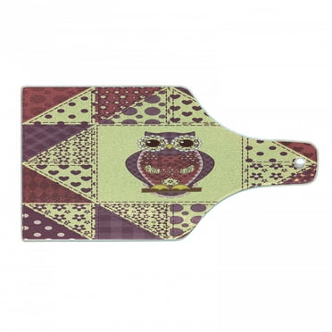 Owl Cutting Board, Vintage Inspired Owl Pattern Invisible to Prey Nocturnal Mimicking Predator, Tempered Glass Cutting and Serving Board, Wine Bottle Shape, Purple Pink Yellow, by Ambesonne