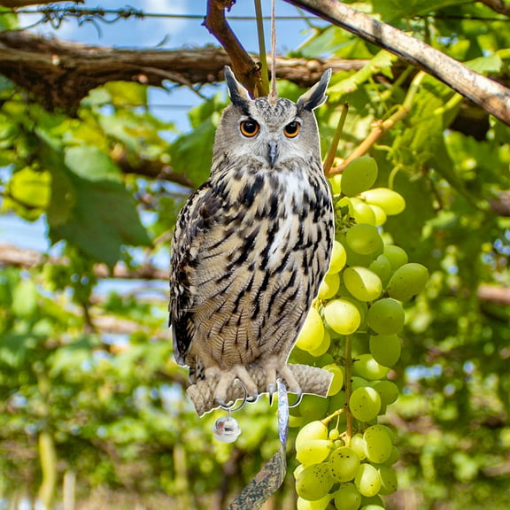 Owl Decoys to Scare Birds Away 12 Inch Hanging Plastic Fake Owl Garden Owls to Scare Birds and Squirrels Motion Activated with Bells and Reflective Tape