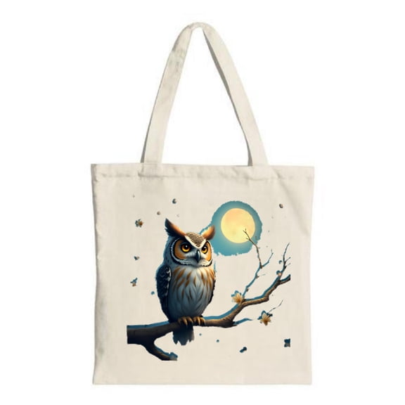 Owl Design Tote Bag - Canvas Multifunctional Reusable Shopping Bag with Mystical Owl Moon & Stars - Perfect for Travel & Parties