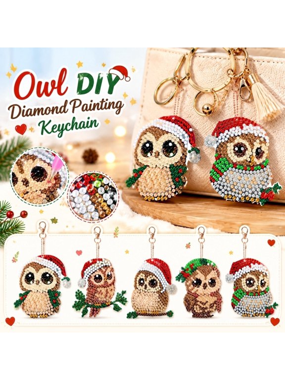 Owl Diamond Painting Keychain Kit, DIY Bead Art Craft Set, Assorted Cartoon Owl Patterns, Key Ring & Backpack Bag Charm Projects, Multicolor