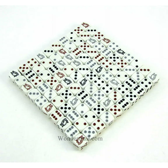 Owl Dice White Opaque with Different Colored Pips D6 16mm (5/8in) Bulk Pack of 100 Koplow Games